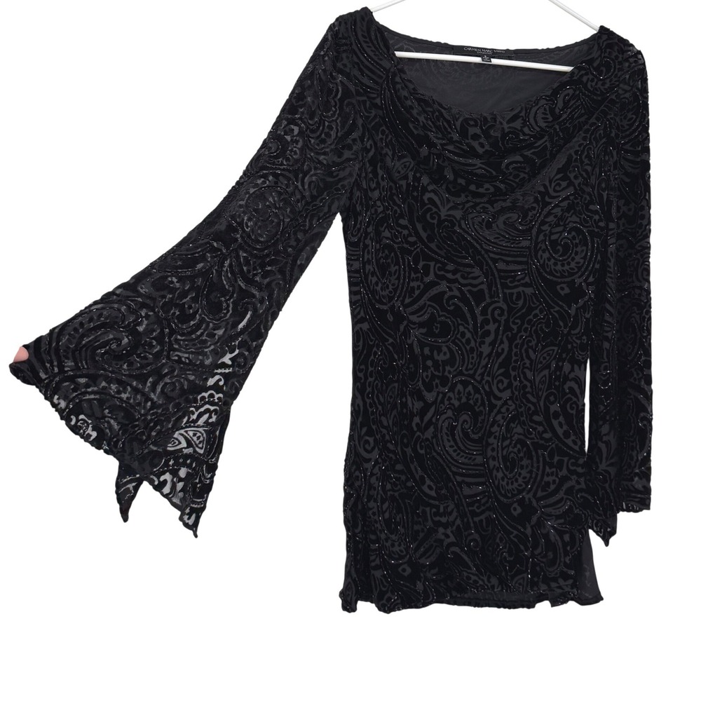 Carmen Marc Valvo Silk Velvet Burnout Black Beaded Bell Sleeve Blouse 8 Y2K